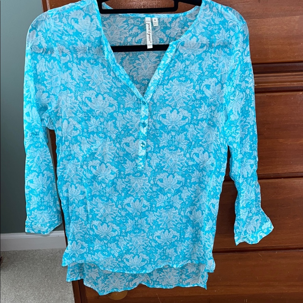 Grand & Greene Blue Buttoned Mandarin Collar Blouse